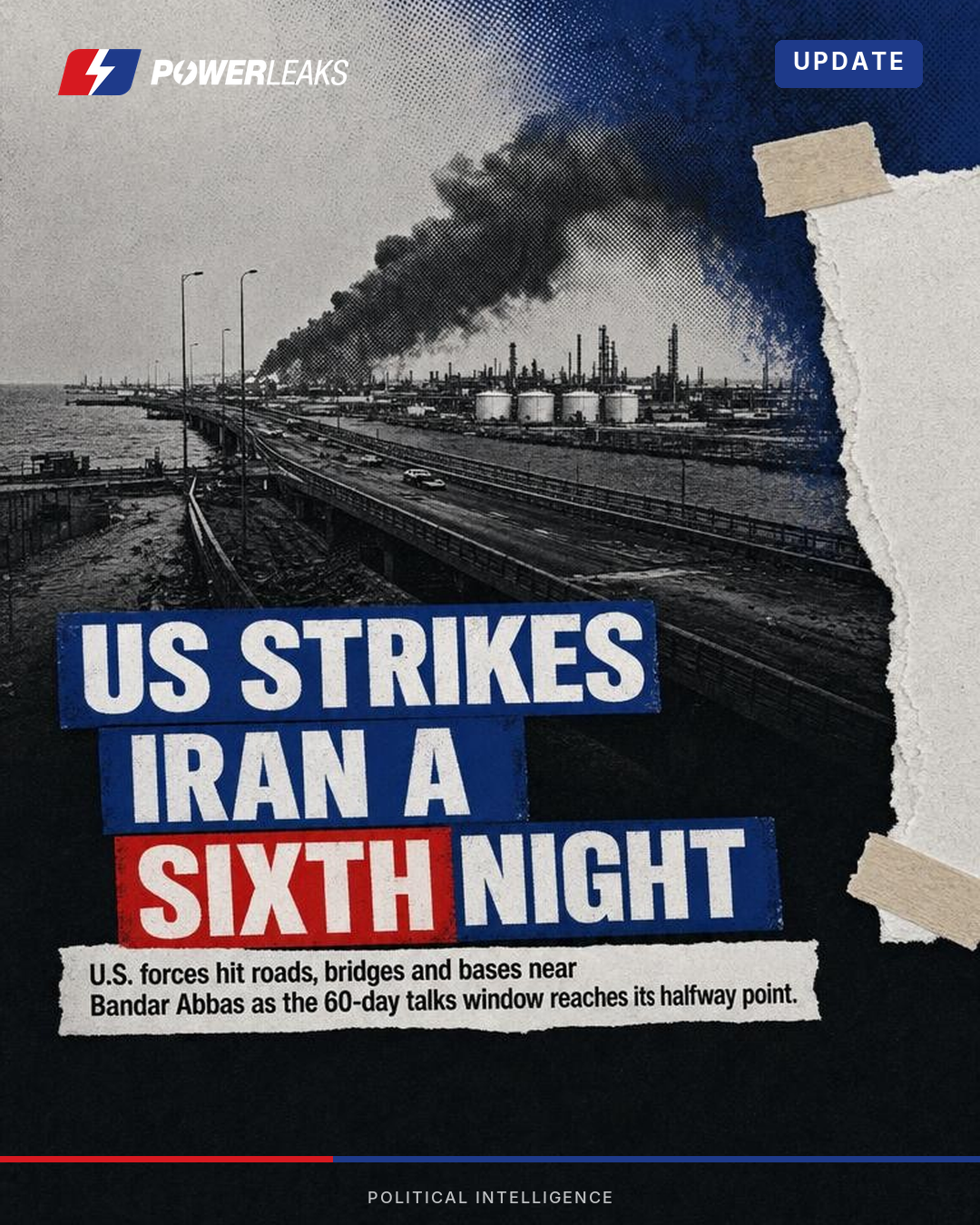 US strikes Iran sixth night as 60-day peace window hits halfway